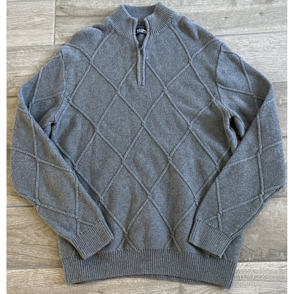 Ralph Lauren Chaps Sweater Adult Medium Gray Quarter Zip Sweater Diamond Knit